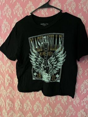 Rebellious One Black Graphic Crop Top with Gold & White Accents